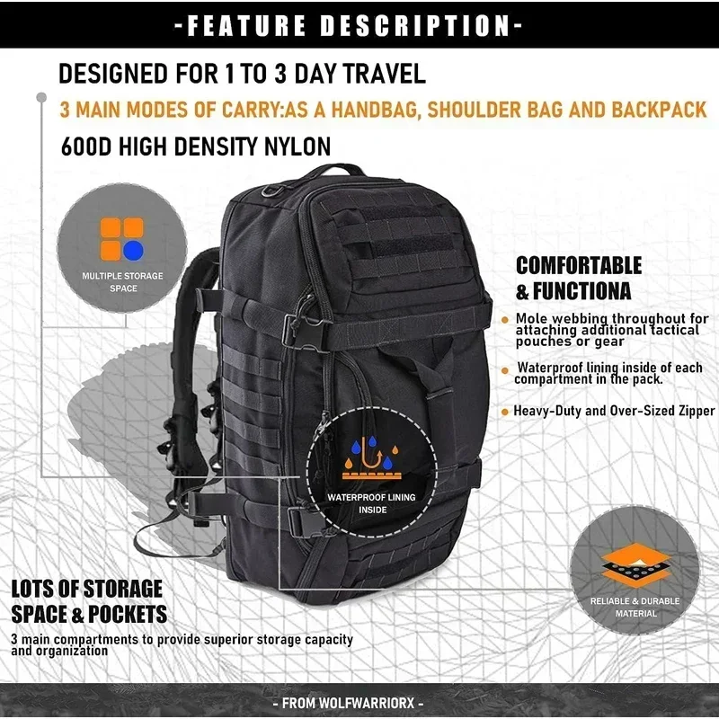 30L Travel Duffel Bag Military Tactical Backpack with Adjustable Strap Weekender Bag for Men Women Waterproof Gym Bags
