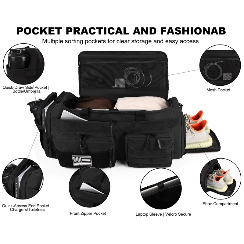 Sa0255a957e0547d4b72ebfb71a7c36b8d.webp LHI 50L 3 in 1 Travel Duffle Bag Men Large Gym Sports Bags Tactical Military Duffle Backpack with Shoes Compartment & Wet Pocket