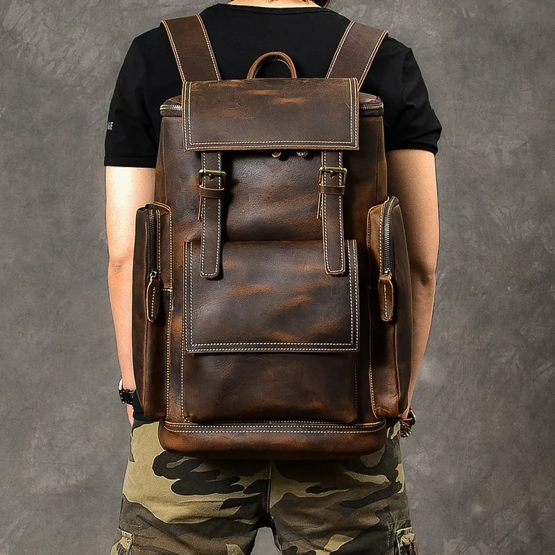 Sad07ed8f7c4a4ba4bb6880742600f34d3.webp Vintage Crazy Horse Genuine Leather Backpack Men Leather Bagpack Climbing Rucksack male Large Hiking Backpack M814