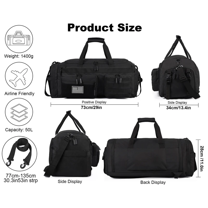 Sffcdba5a03d84f1a912a8e144a5f56691.webp LHI 50L 3 in 1 Travel Duffle Bag Men Large Gym Sports Bags Tactical Military Duffle Backpack with Shoes Compartment & Wet Pocket